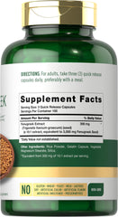 Carlyle Fenugreek capsules label close-up highlighting 300 mg extract per serving.