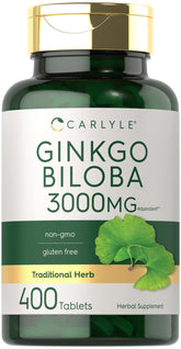 Carlyle Ginkgo Biloba 3000mg bottle front shows premium, non-GMO herbal supplement for daily wellness
