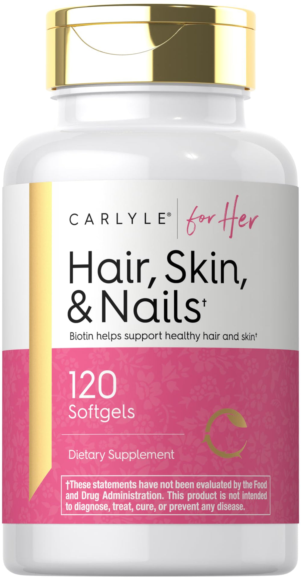 Carlyle Hair Skin & Nails softgels bottle for daily beauty support with biotin and collagen