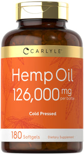 Carlyle Hemp Oil Capsules bottle front highlighting gluten-free and non-GMO.