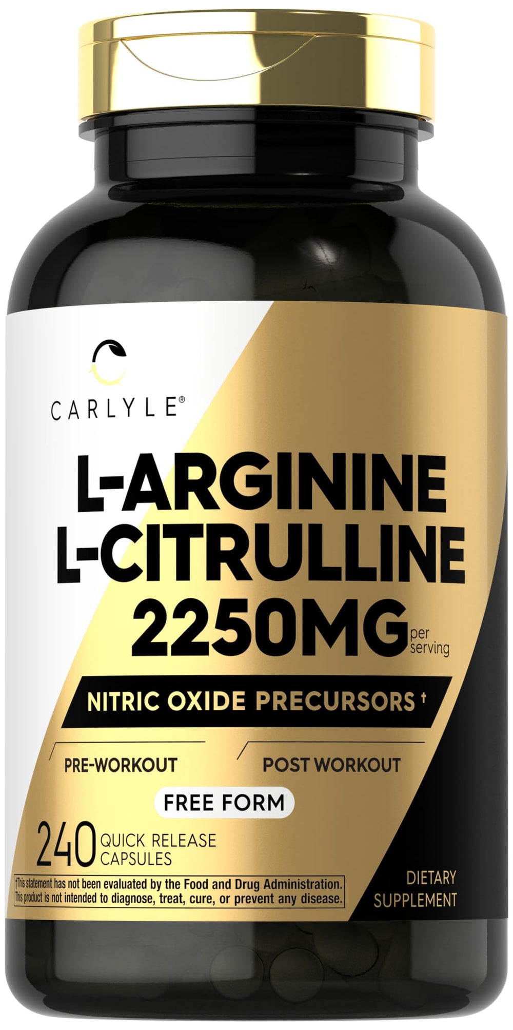 Carlyle L-Arginine L-Citrulline bottle with capsules for nitric oxide support.
