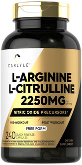 Carlyle L-Arginine L-Citrulline bottle with capsules for nitric oxide support.