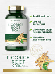 Nutrition label close-up on Carlyle licorice root shows gluten-free and non-GMO.