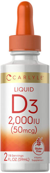 Carlyle Vitamin D3 bottle showing 2000 IU per serving for daily use.