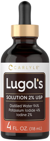 Carlyle Lugols Iodine 2% bottle on countertop for home use
