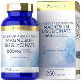 Carlyle Magnesium Bisglycinate 665 mg bottle with easy-to-swallow capsules for daily support.