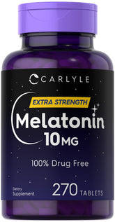 Carlyle Melatonin 10mg bottle on nightstand ready for nightly routine
