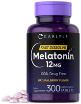 Carlyle Melatonin 12 mg fast dissolve tablets in bottle for easy nightly support