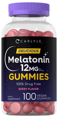 Carlyle Melatonin Gummies Berry bottle showcases 12 mg dose and vegan, non-GMO formula