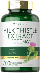Carlyle Milk Thistle bottle label close-up, highlighting non-GMO and gluten-free features for clean nutrition.