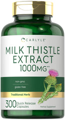 Carlyle Milk Thistle bottle label close-up, highlighting non-GMO and gluten-free features for clean nutrition.