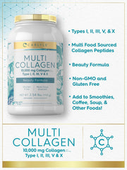 Carlyle Multi Collagen Peptides Powder glass with liquid shows easy mix into beverages.