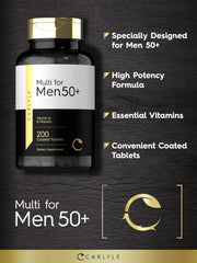 Carlyle Multivitamin Men 50+ bottle being poured to illustrate daily use