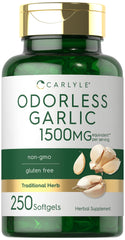 Carlyle Odorless Garlic Softgels bottle front showing 1500 mg potency for daily wellness.