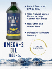 Carlyle Omega 3 lemon label highlights natural flavor and non-GMO ingredients
