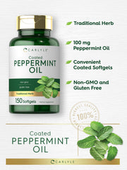 Packaging of Carlyle Peppermint Oil Capsules highlighting gluten-free and non-GMO attributes.
