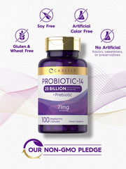 Carlyle Probiotics bottle shows prebiotic per serving for potential digestive support.