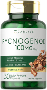 Carlyle Pycnogenol 100mg bottle front showing branding for daily wellness.