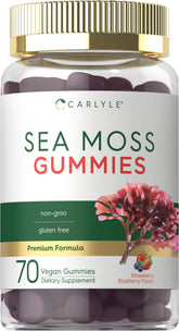 Carlyle Sea Moss Gummies bottle on white, convenient daily vegan wellness.