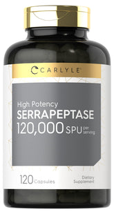 Carlyle Serrapeptase 120000 SPU bottle closeup, high-potency enzyme for daily wellness.