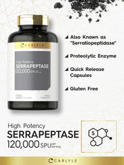 Carlyle Serrapeptase 120000 SPU gluten-free label, suitable for gluten-free diets.