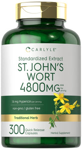 Carlyle St John's Wort capsules bottle with 4800 mg standardized extract for daily use.