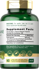 Carlyle Sulforaphane bottle side highlights 400 mcg per capsule and non-GMO formula