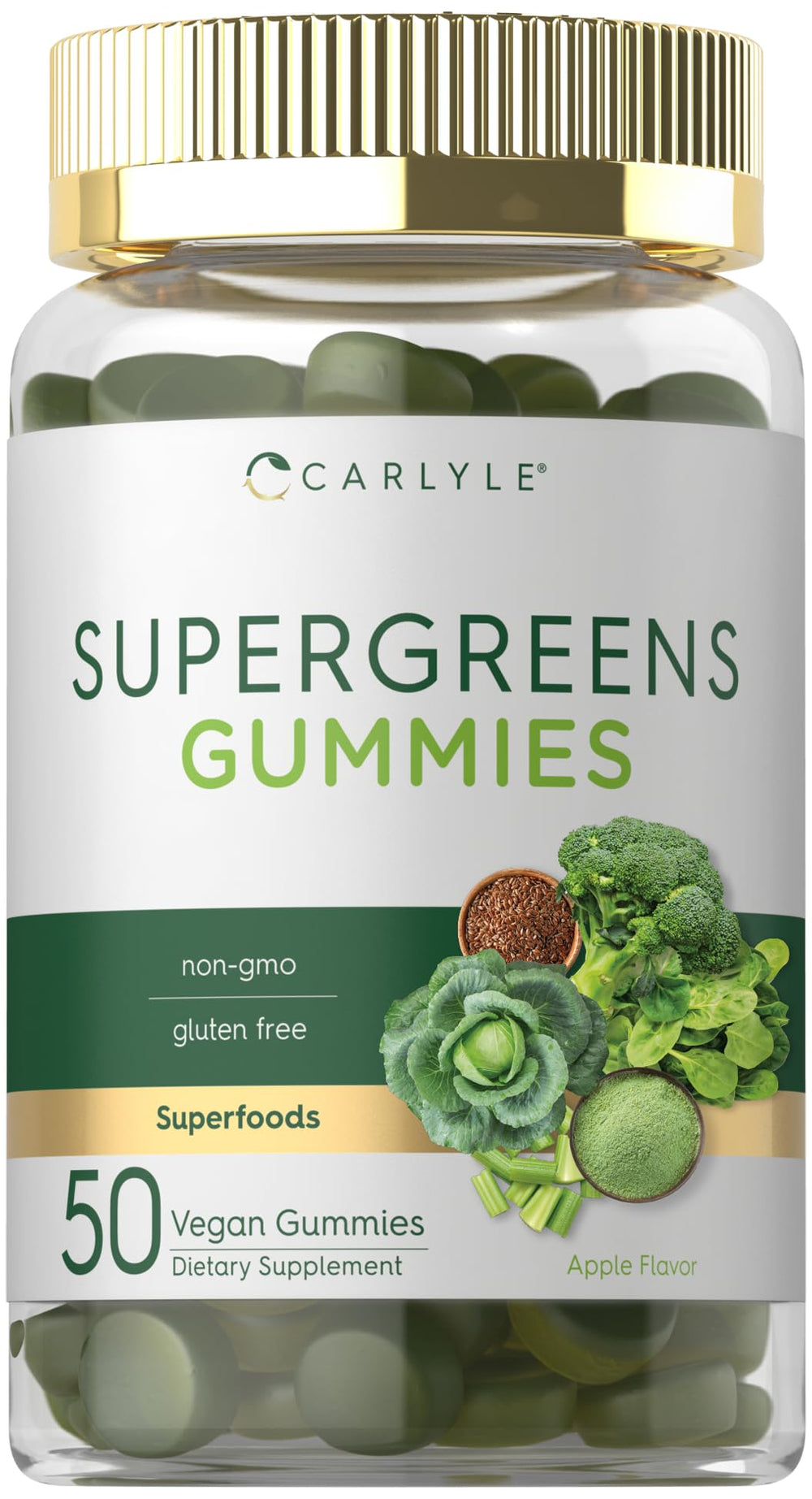 Carlyle Supergreens Gummies apple flavor bottle close-up for daily greens