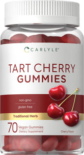 Carlyle Tart Cherry Gummies bottle front, vegan and gluten-free for everyday snacking.