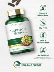 Carlyle Triphala ingredients label highlights Haritaki, Bibhitaki, and Amla.