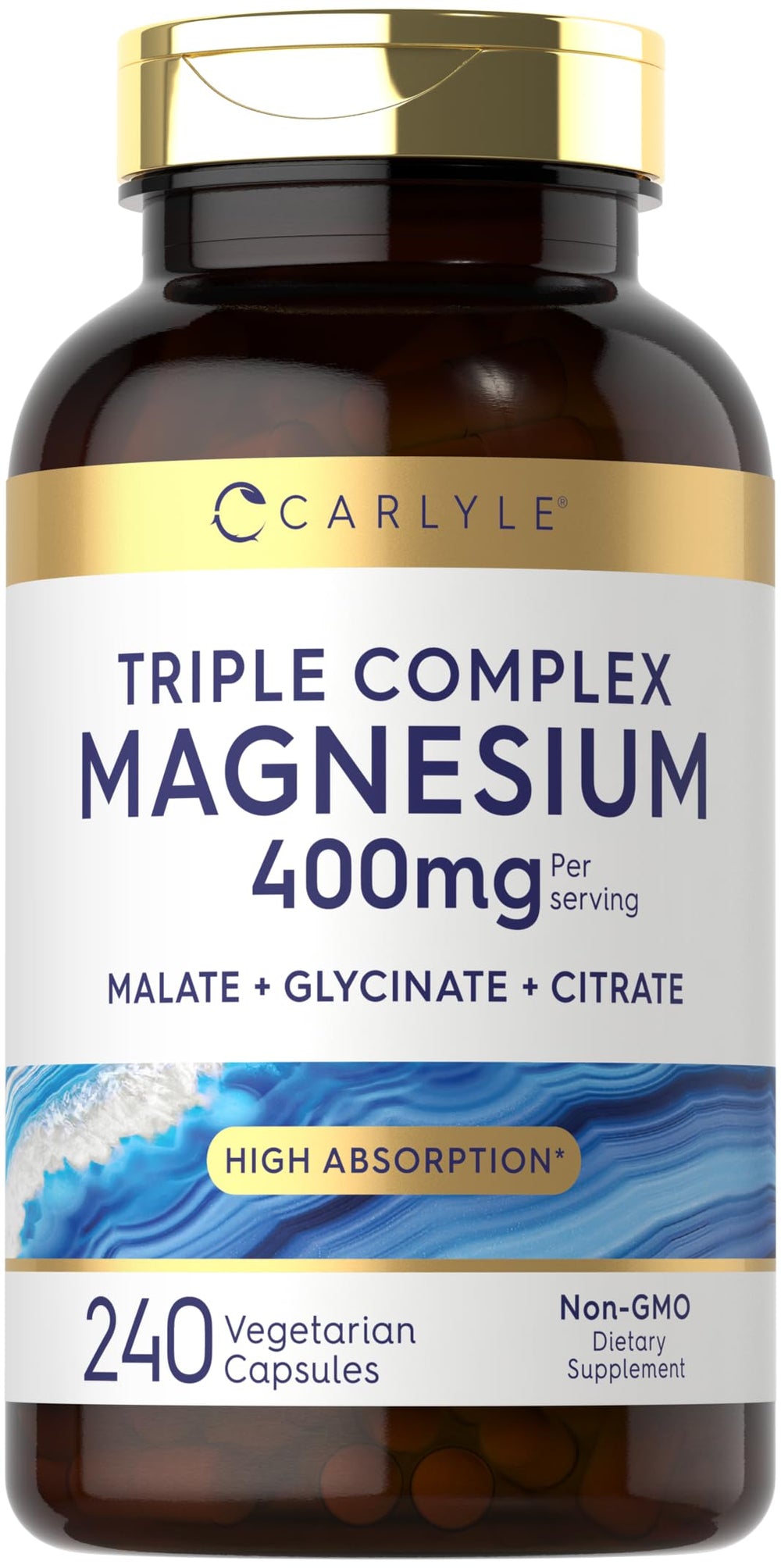 Carlyle Triple Magnesium Complex bottle with 400 mg capsules for daily balance.