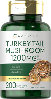 Carlyle Turkey Tail mushroom capsules bottle with high potency 1200mg for daily wellness