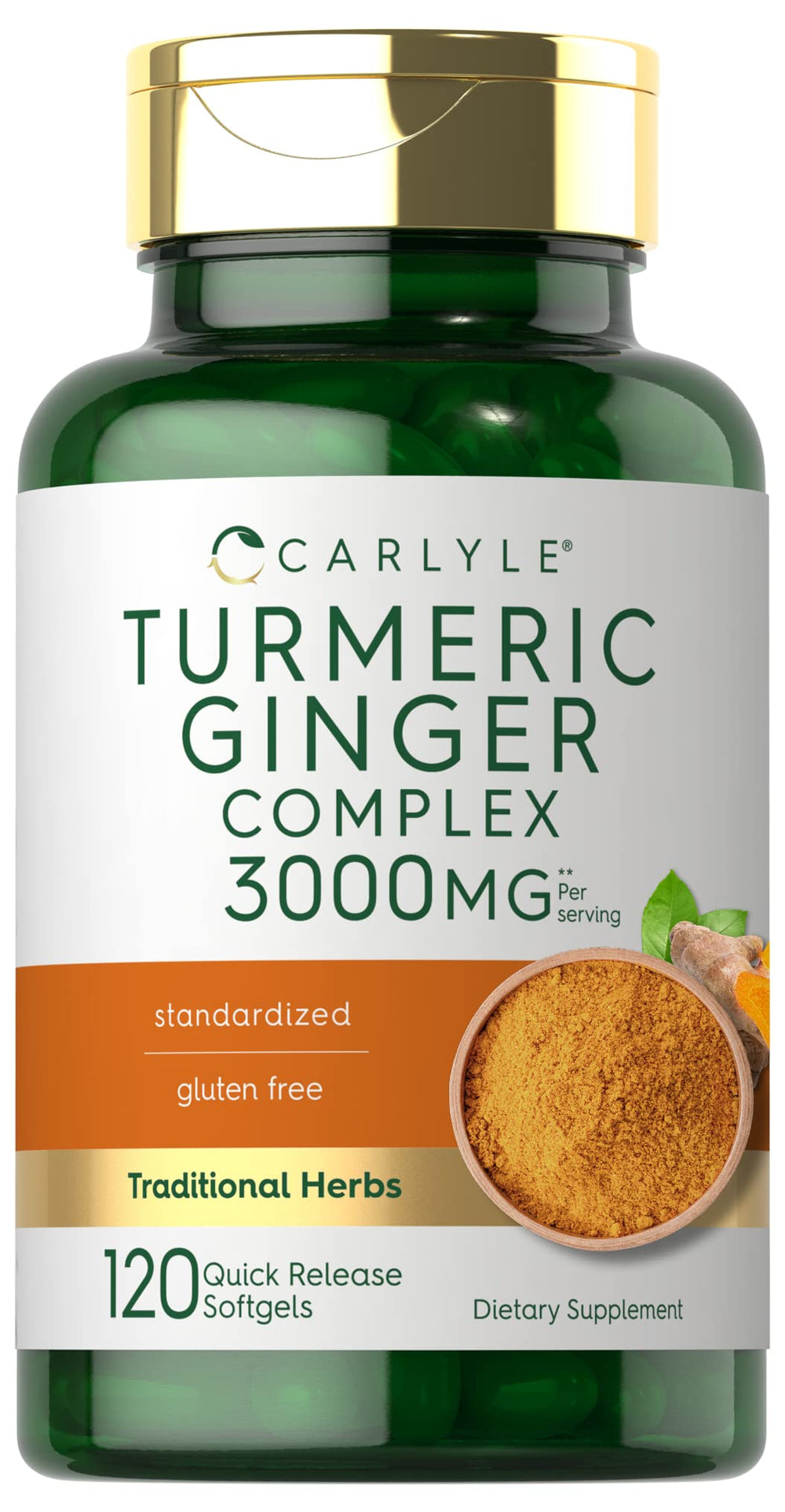 Carlyle Turmeric Ginger softgel bottle with 120 capsules for daily wellness.