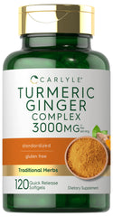 Carlyle Turmeric Ginger softgel bottle with 120 capsules for daily wellness.