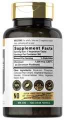 Carlyle Ultra Chromium Picolinate capsules closeup highlights 1,000 mcg per vegetarian tablet.