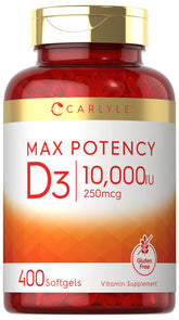 Carlyle Vitamin D3 10,000 IU softgels bottle front for daily use