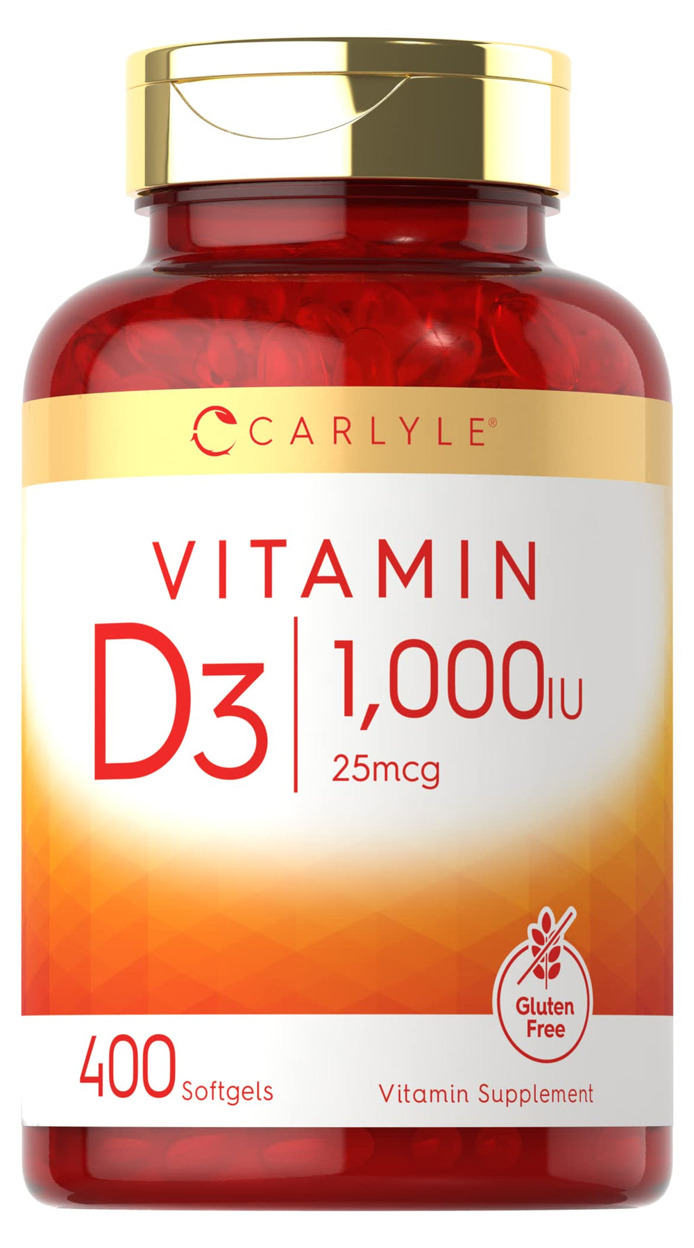 Carlyle Vitamin D3 1000IU bottle front, high-potency daily supplement