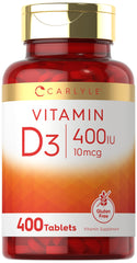 Carlyle Vitamin D3 400 IU bottle front, value-size capsules for daily wellness.