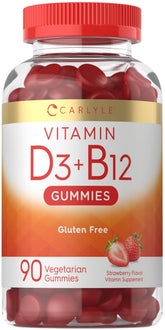 Carlyle Vitamin D3 + B12 Gummies bottle with strawberry flavor for daily wellness.