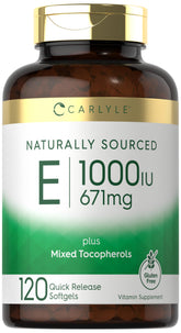 Carlyle Vitamin E 1000 IU softgel bottle close-up for daily antioxidant support.