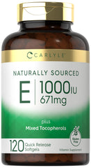 Carlyle Vitamin E 1000 IU softgel bottle close-up for daily antioxidant support.