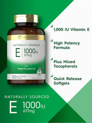 Carlyle Vitamin E 1000 IU packaging highlights gluten-free and non-GMO formula.