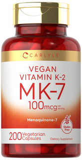 Carlyle Vitamin K2 MK-7 bottle shows a 100 mcg dose for daily support.