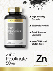 Carlyle Zinc Picolinate 50mg label close-up highlighting gluten-free, non-GMO formula.