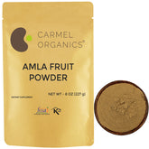Carmel Organics Amla powder bottle close-up for hair and skin care
