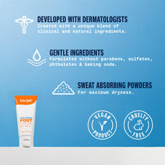 Carpe Sweat Absorbing Foot Lotion tube closeup suggests quick dry, non greasy feel