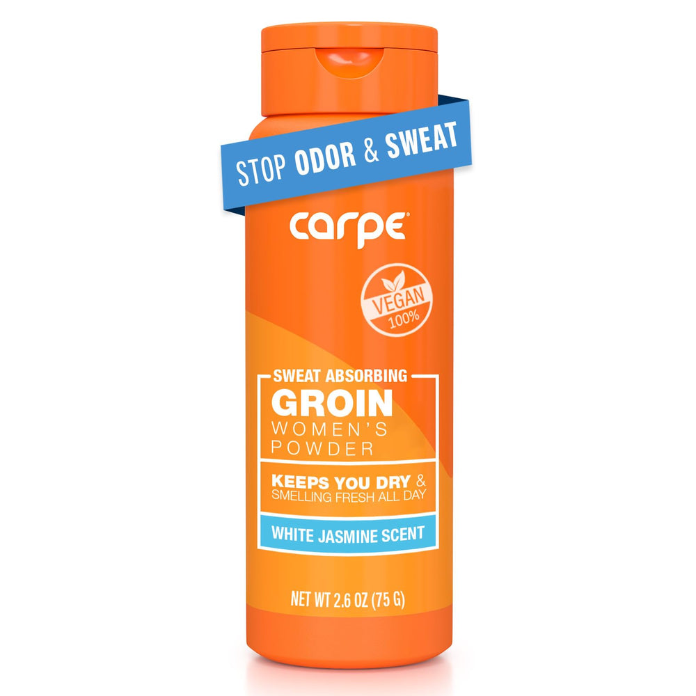Carpe Sweat Absorbing Powder bottle reduces moisture for daily comfort.