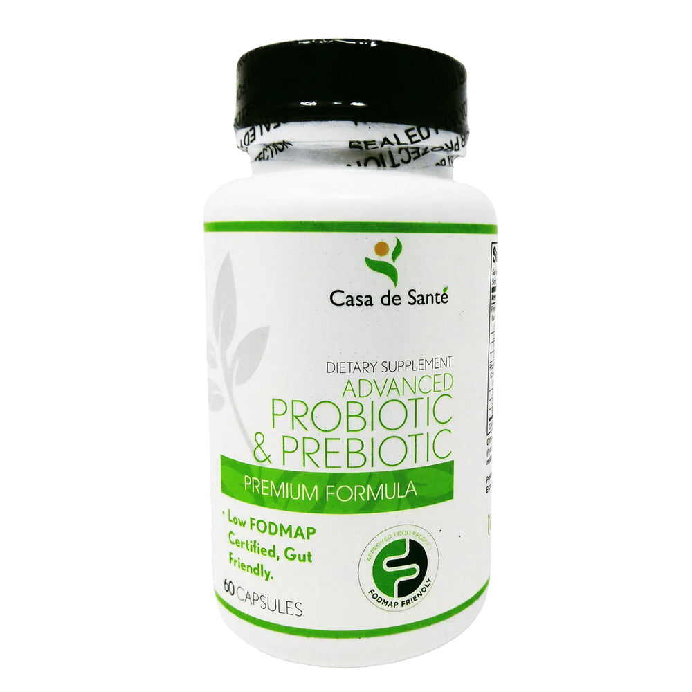 Casa de Sante bottle with capsules highlighting low FODMAP synbiotic for daily gut balance