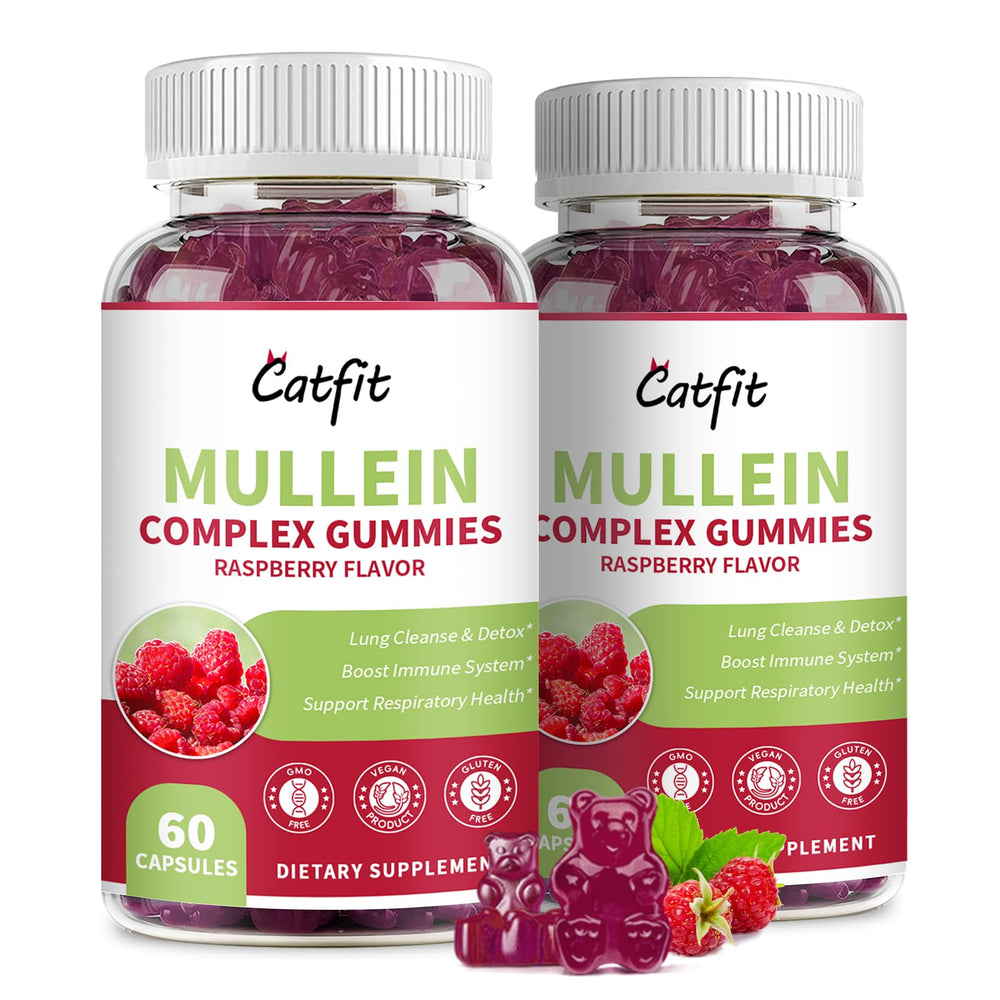 Catfit Mullein Gummies bottle in raspberry flavor for easy breathing support