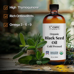 C CARE Thymoquinone-rich oil pour showcases antioxidant content and versatility.